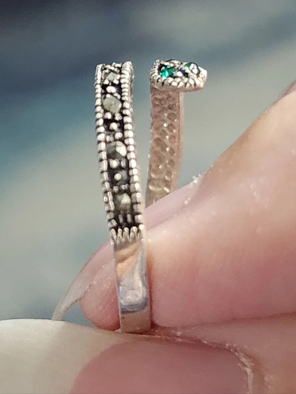 Sterling Silver Marcasite Snake Wrap Ring with Green Stone Eyes